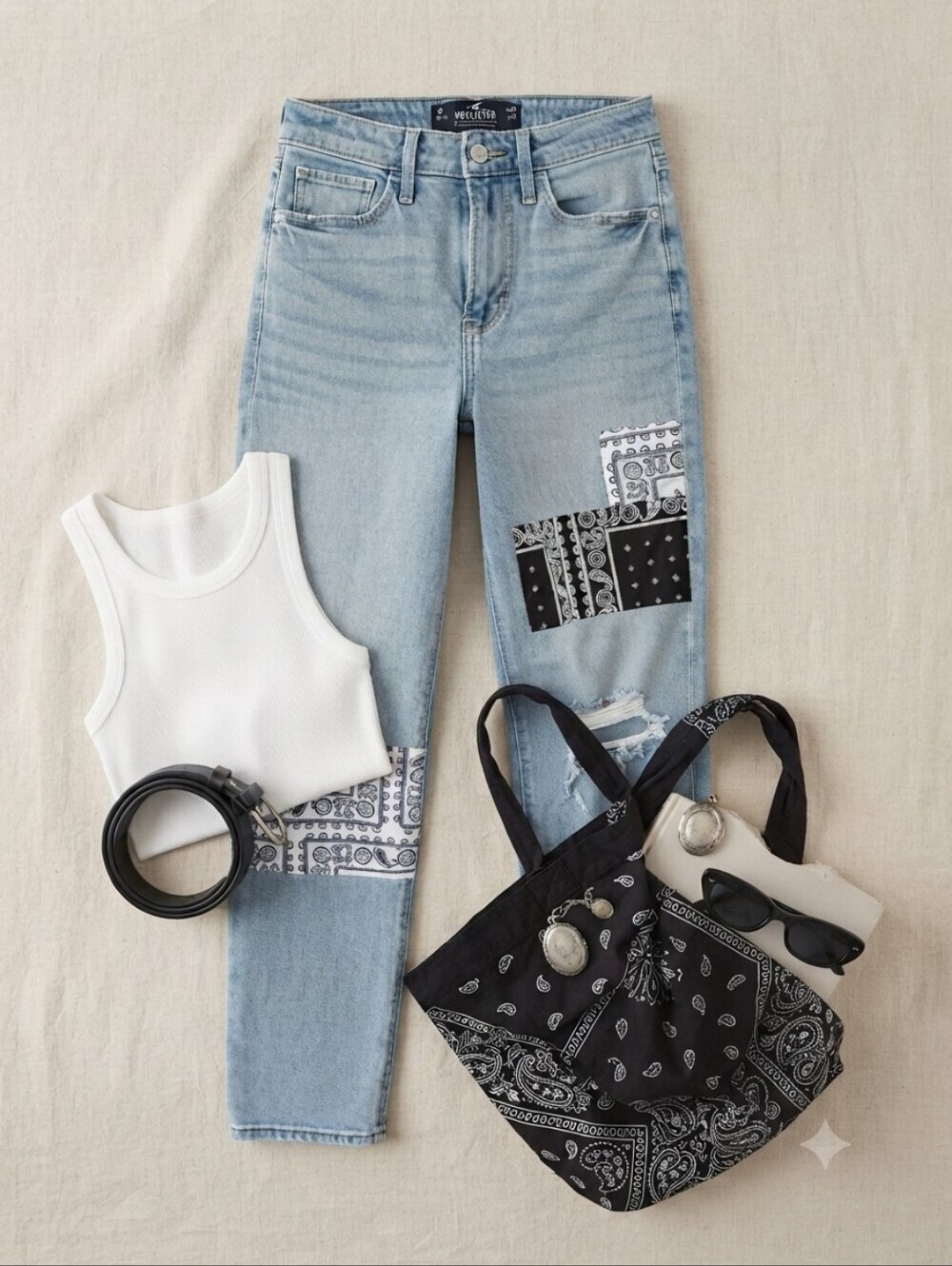Hollister Ultra High Rise Mom Jean With Distressing and Bandana Patchwork